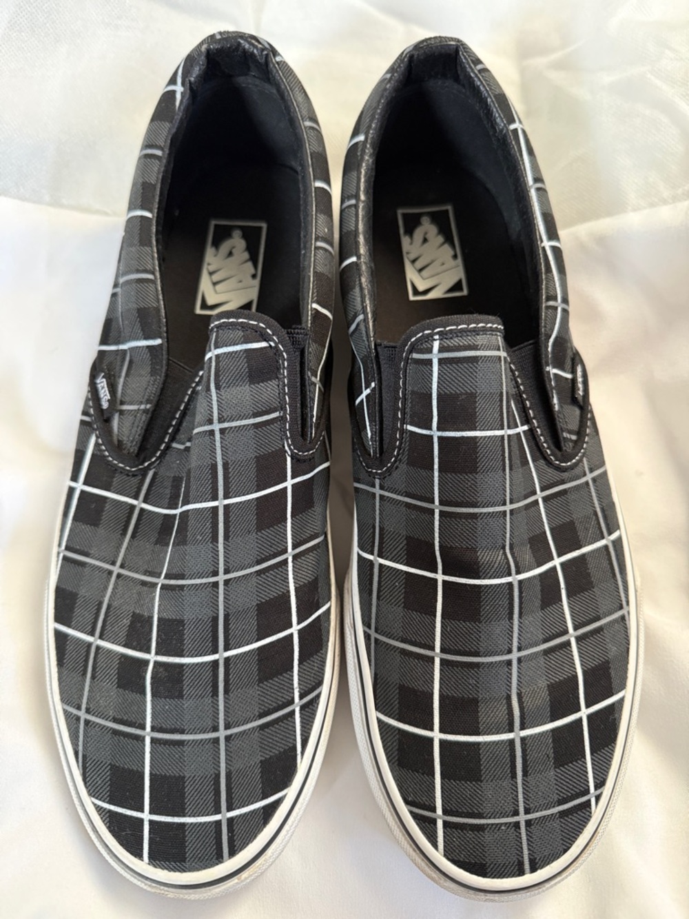 Vans Navy and Black Stripes Plaid Classic Slip On Shoes